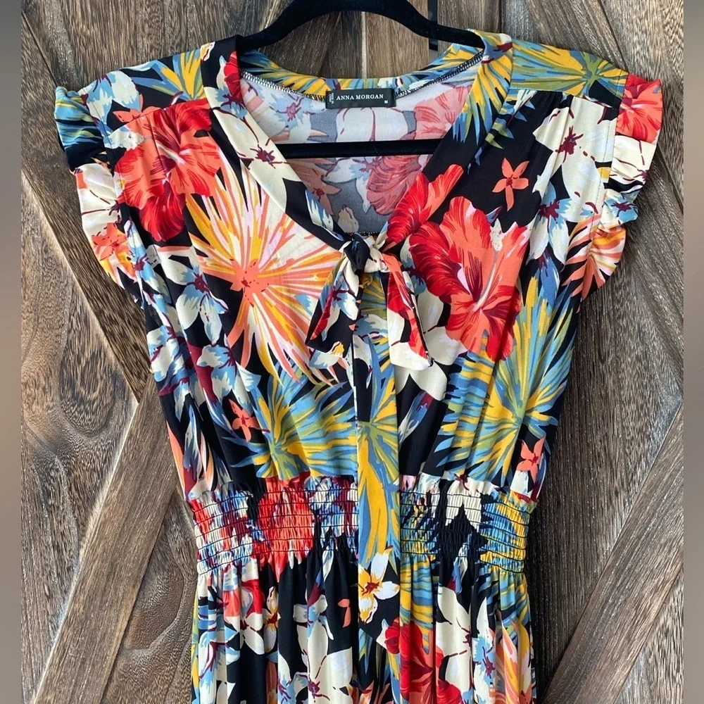 Size Medium Gorgeous Tropical Midi Stretch Waist Floral Black Red Dress - Picture 9 of 9